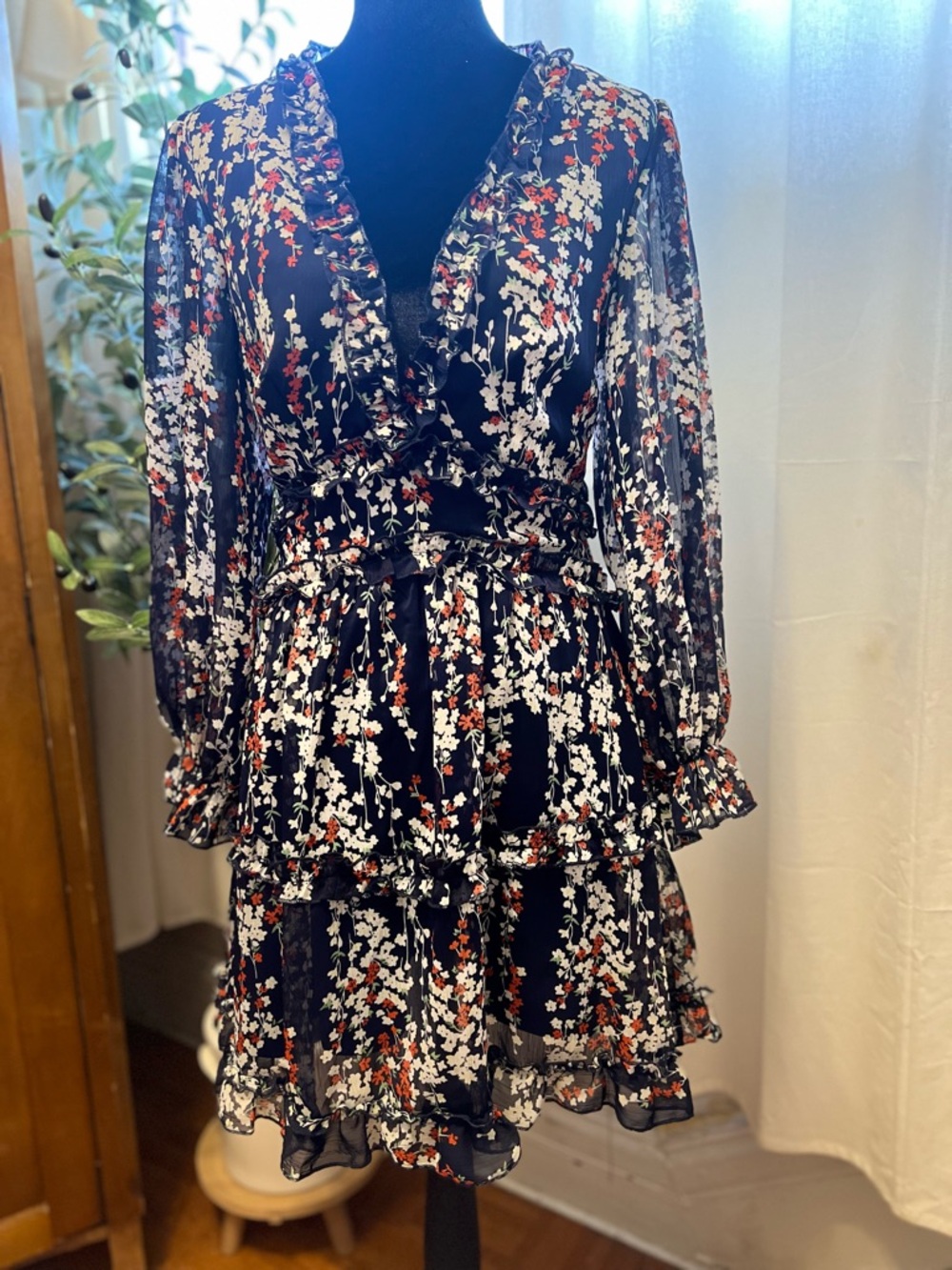 Floral Ruffle Wrap Dress - Black with White & Red Floral Print